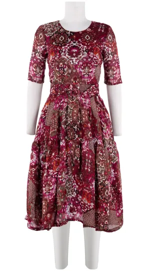 Rose Dress Crew Neck 1/2 Sleeve Long Length Linen (Casper Wallpaper Bright)