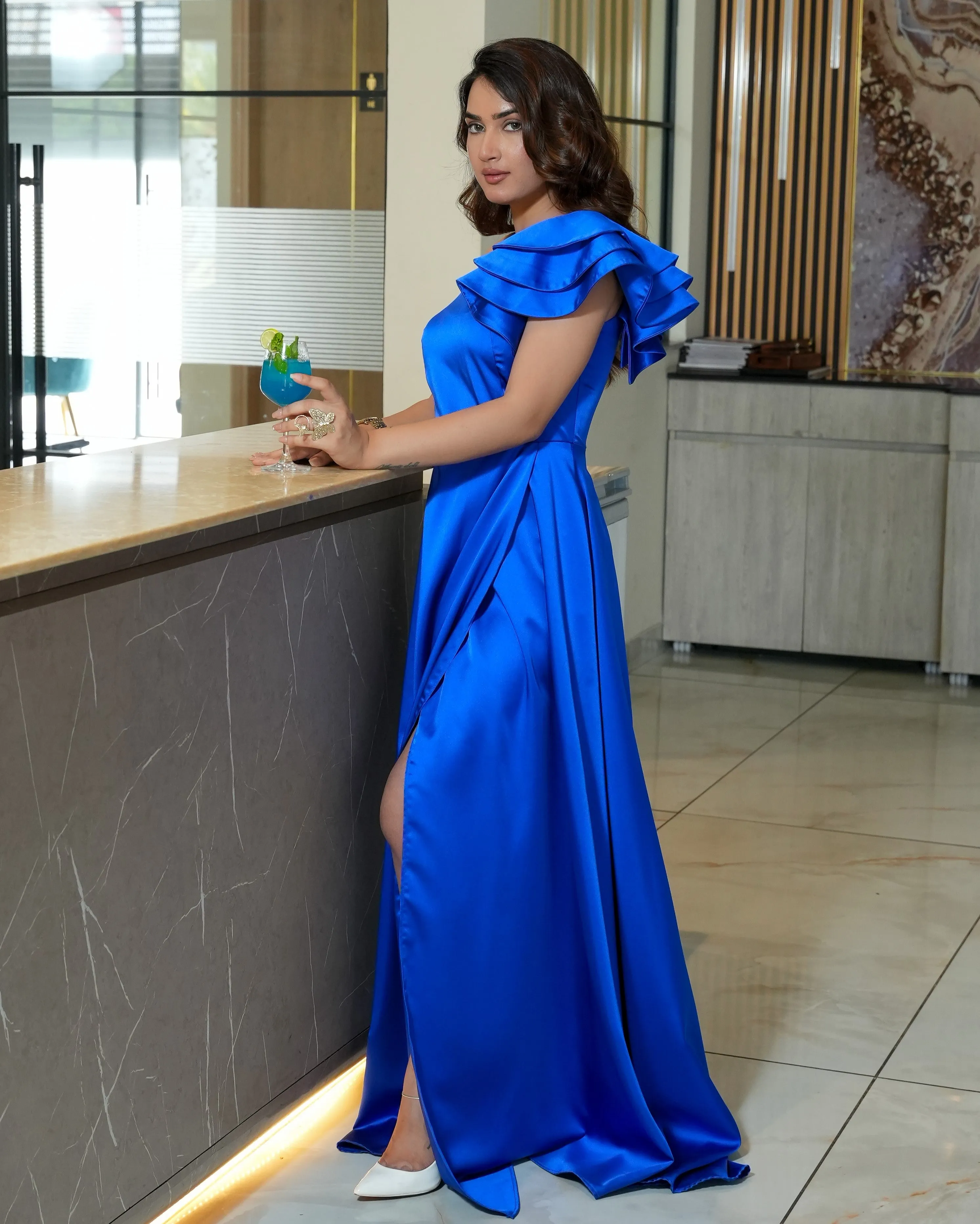 Royal Blue One-Shoulder Satin Gown with Ruffle and Slit
