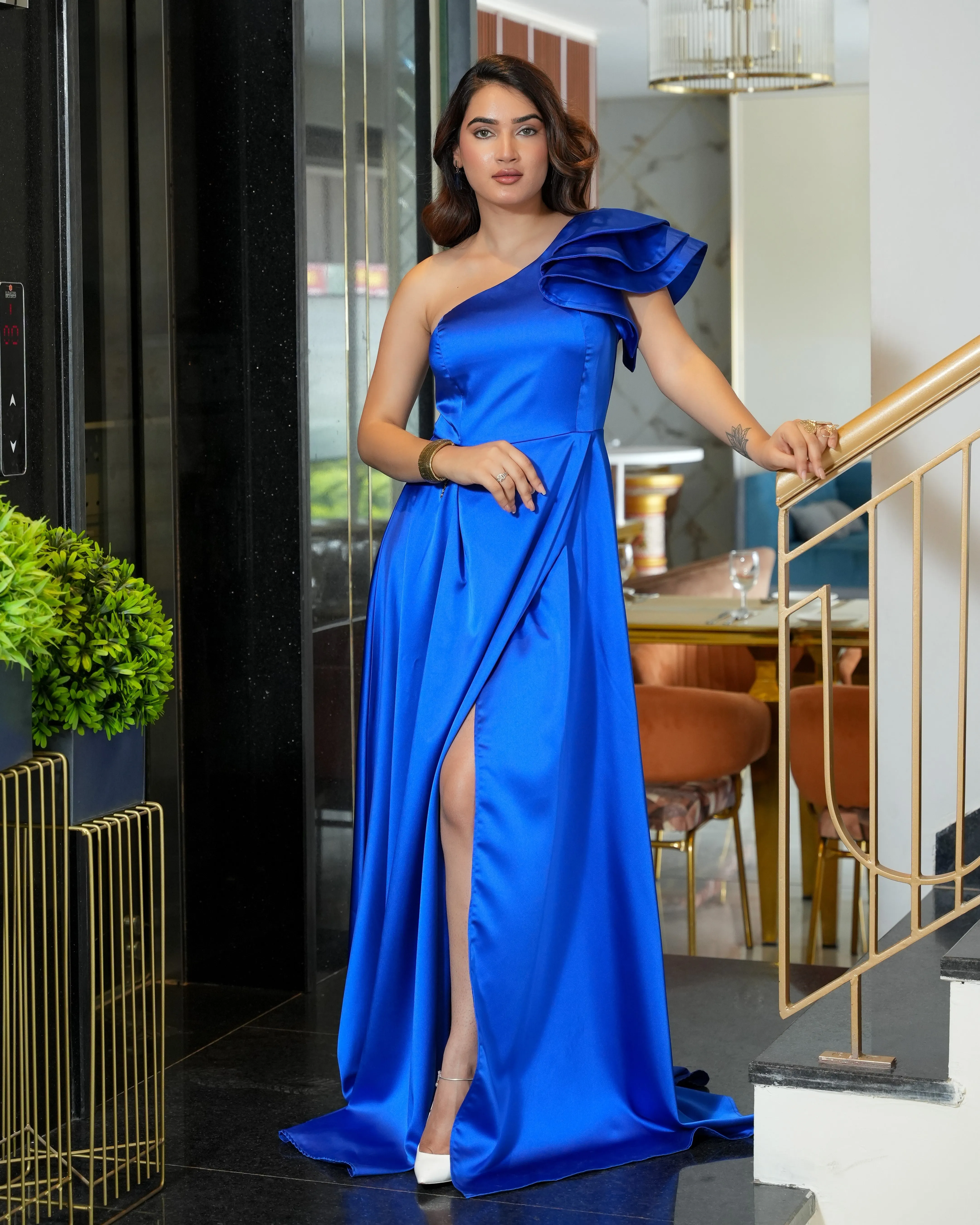 Royal Blue One-Shoulder Satin Gown with Ruffle and Slit