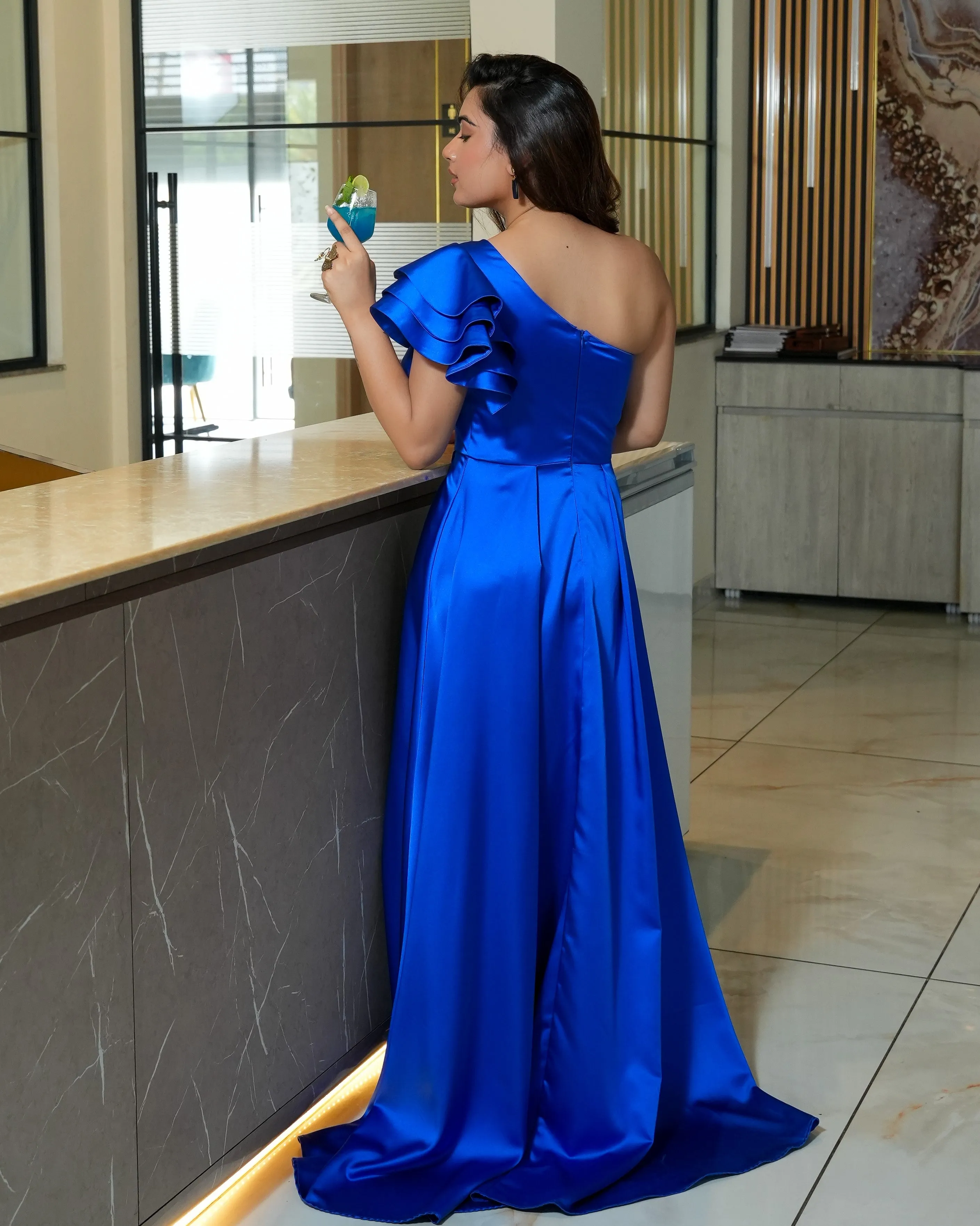 Royal Blue One-Shoulder Satin Gown with Ruffle and Slit