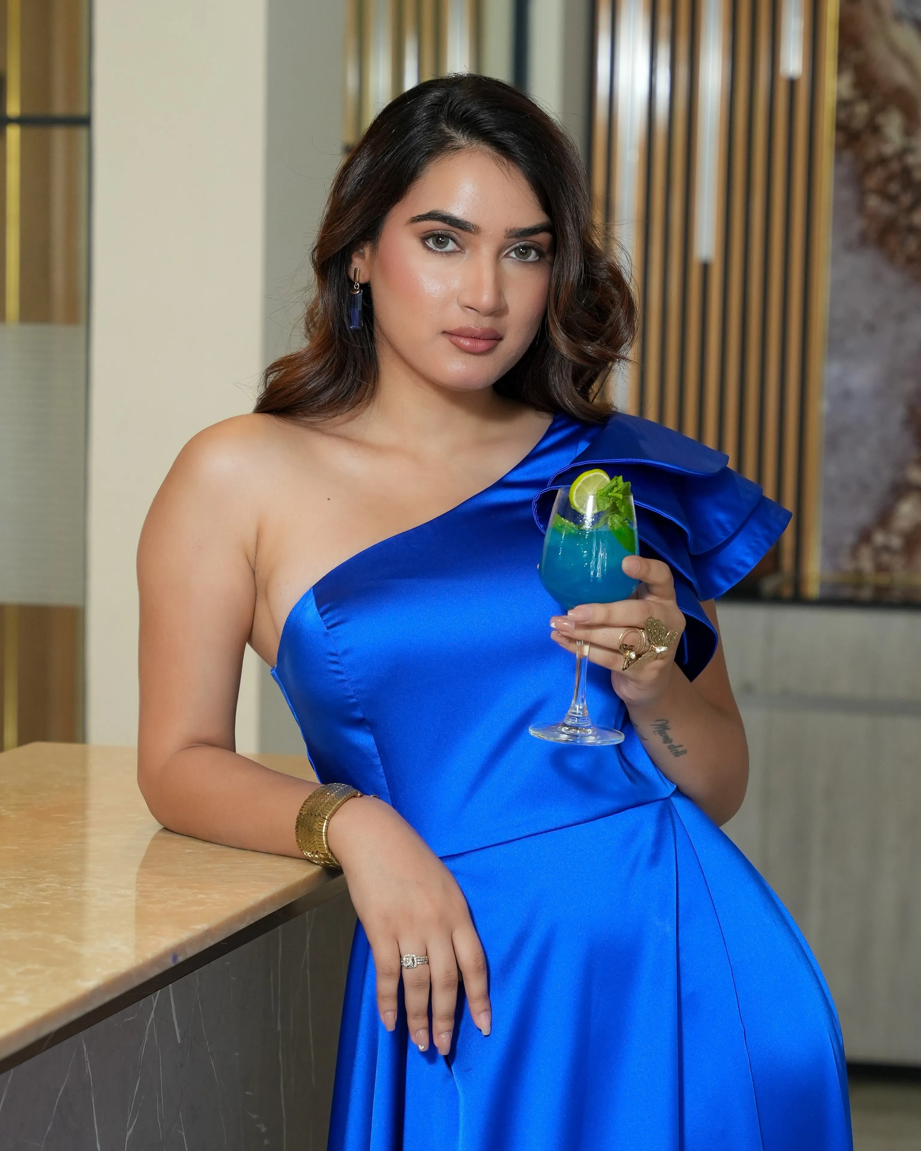 Royal Blue One-Shoulder Satin Gown with Ruffle and Slit