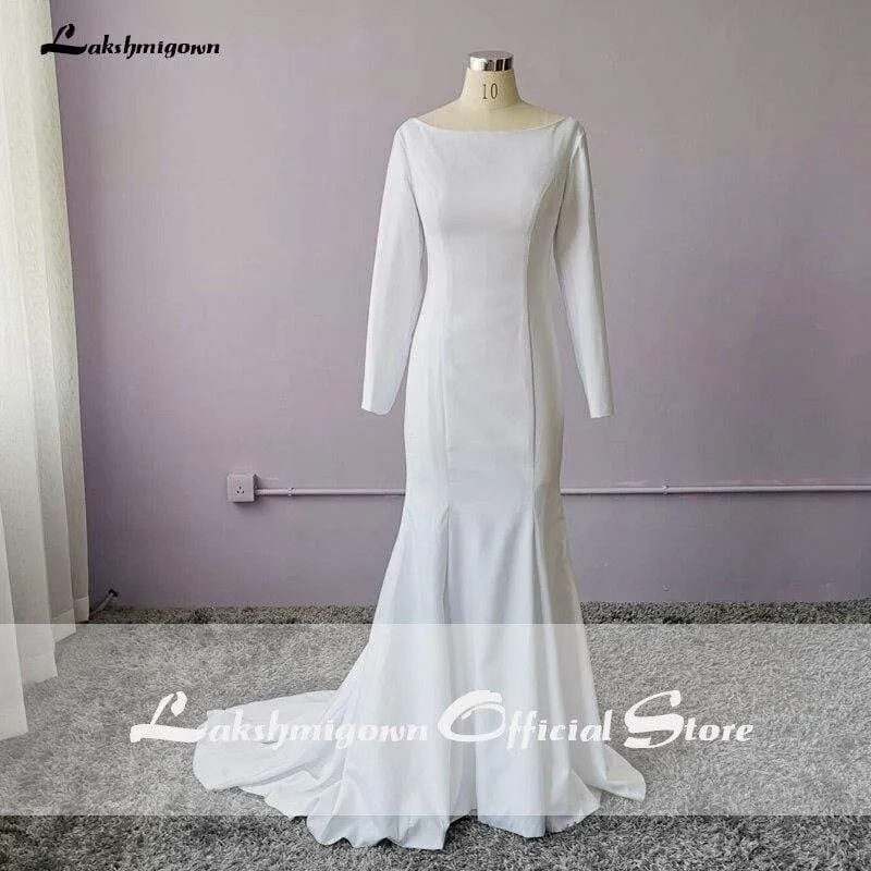Roycebridal Elegant White Stain Mermaid Wedding Dresses Long Sleeves Bridal Gown 2025