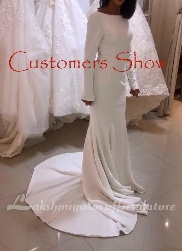 Roycebridal Elegant White Stain Mermaid Wedding Dresses Long Sleeves Bridal Gown 2025