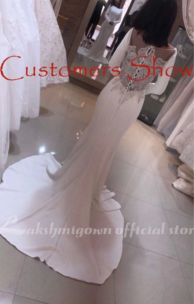 Roycebridal Elegant White Stain Mermaid Wedding Dresses Long Sleeves Bridal Gown 2025