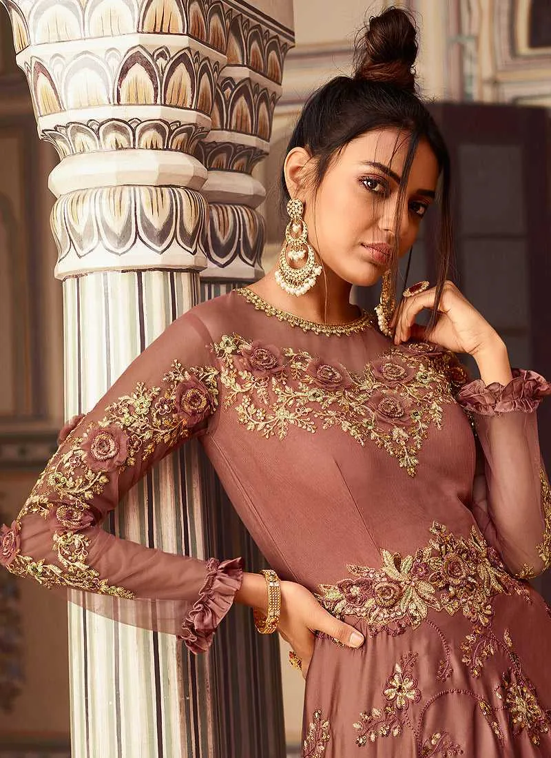 Rust Pink Heavy Embroidered Gown Style Anarkali