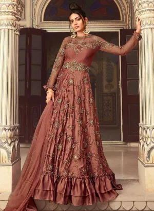 Rust Pink Heavy Embroidered Gown Style Anarkali