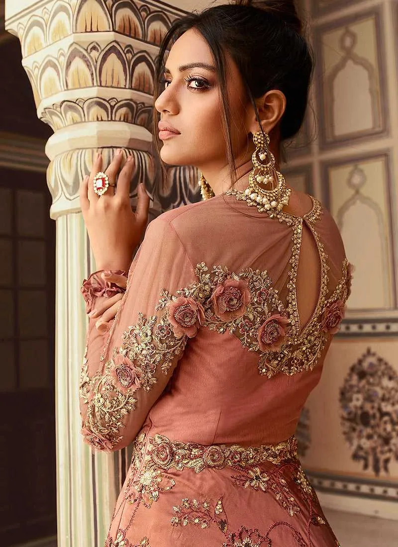 Rust Pink Heavy Embroidered Gown Style Anarkali