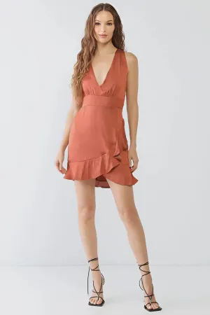 RUST SATIN SLEEVELESS V-NECK MINI DRESS