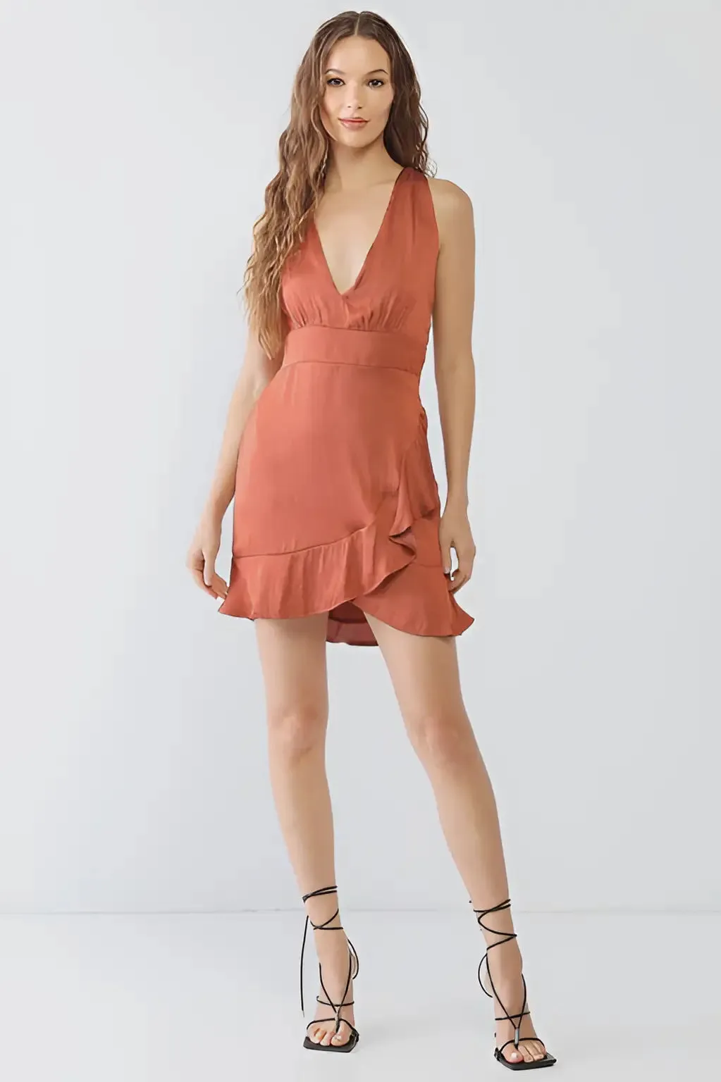 RUST SATIN SLEEVELESS V-NECK MINI DRESS