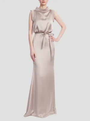 Satin Boat Neck Gown in Gold