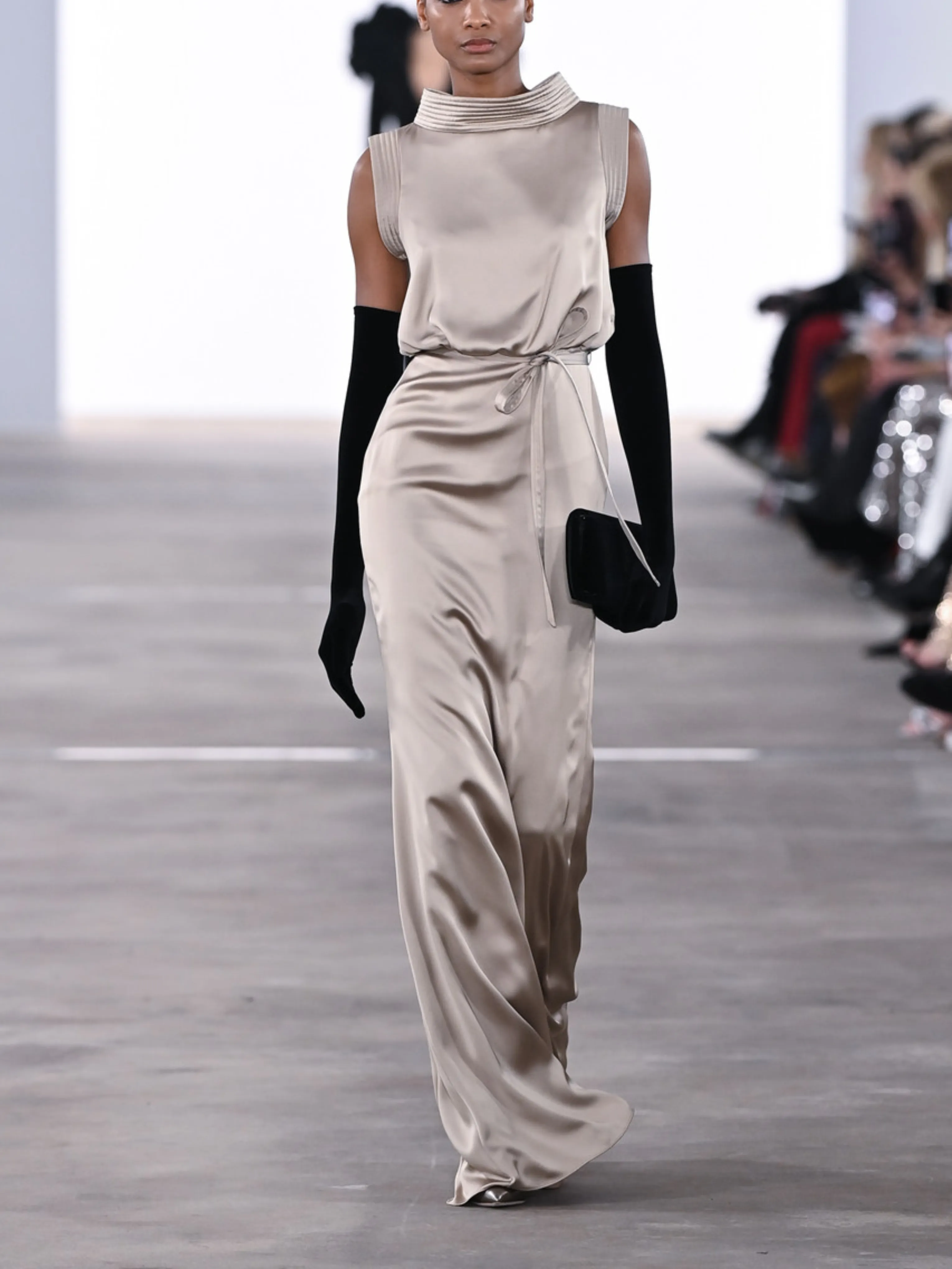 Satin Boat Neck Gown in Gold