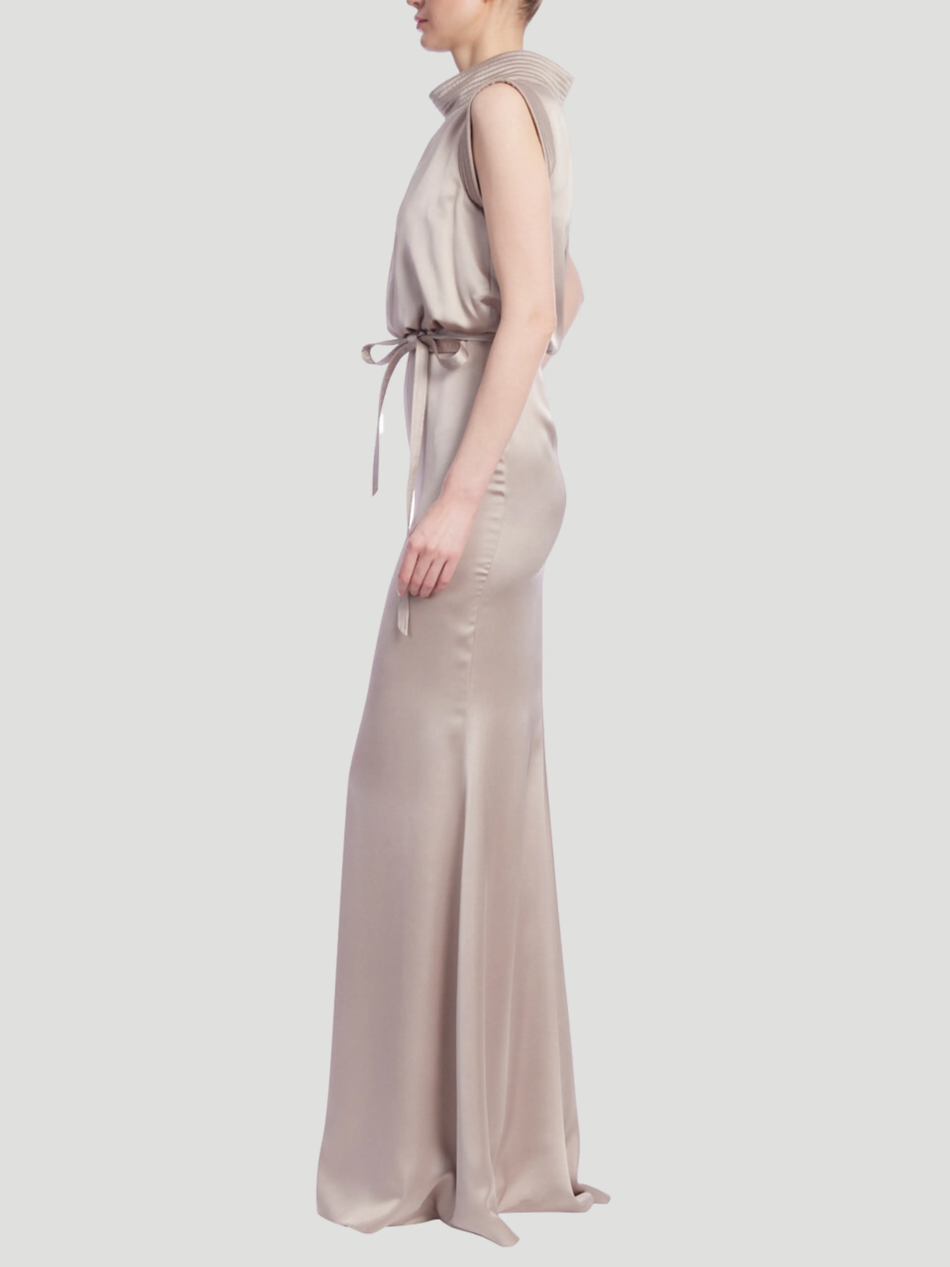 Satin Boat Neck Gown in Gold