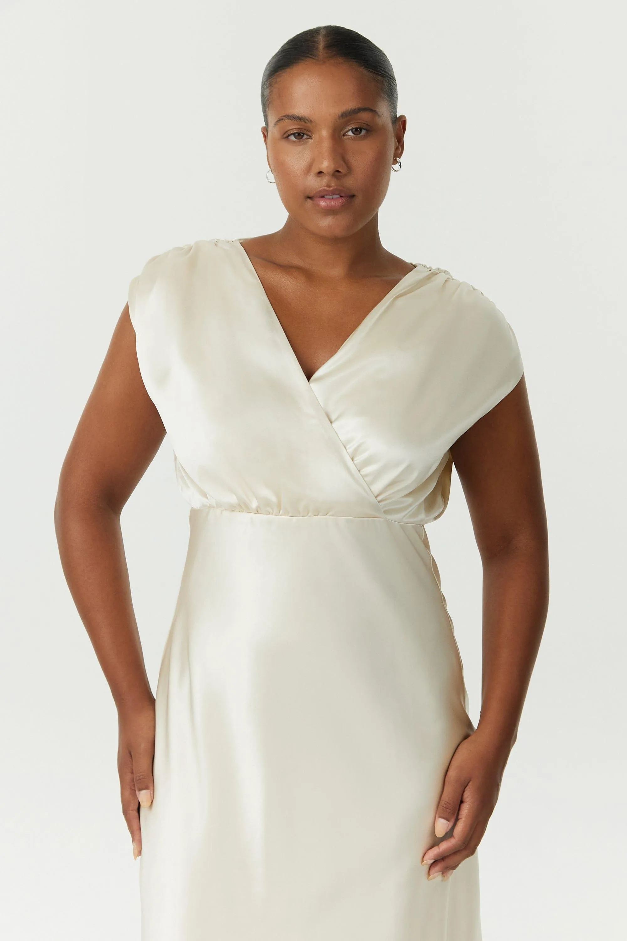 SATIN CROSS OVER GATHER DRESS | BUTTERCREAM