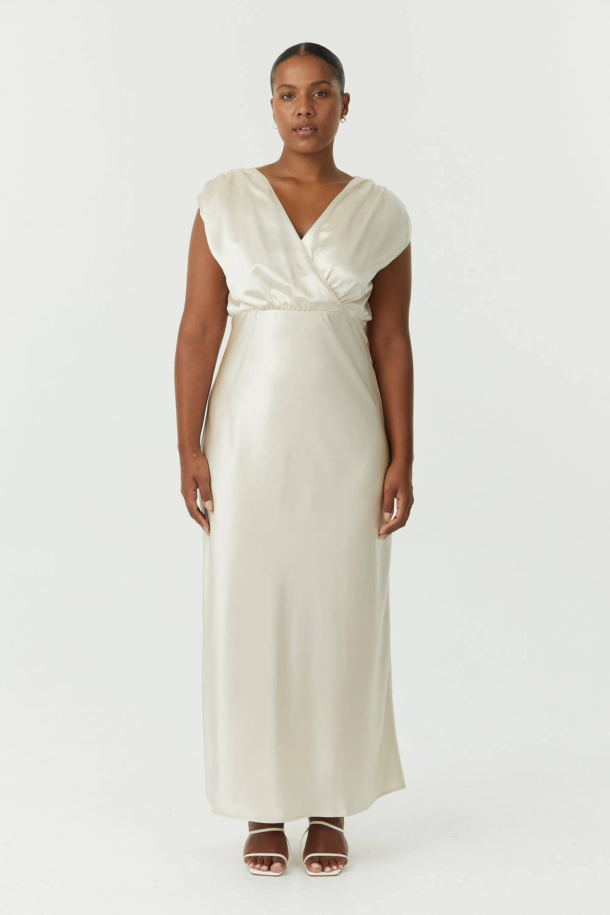 SATIN CROSS OVER GATHER DRESS | BUTTERCREAM