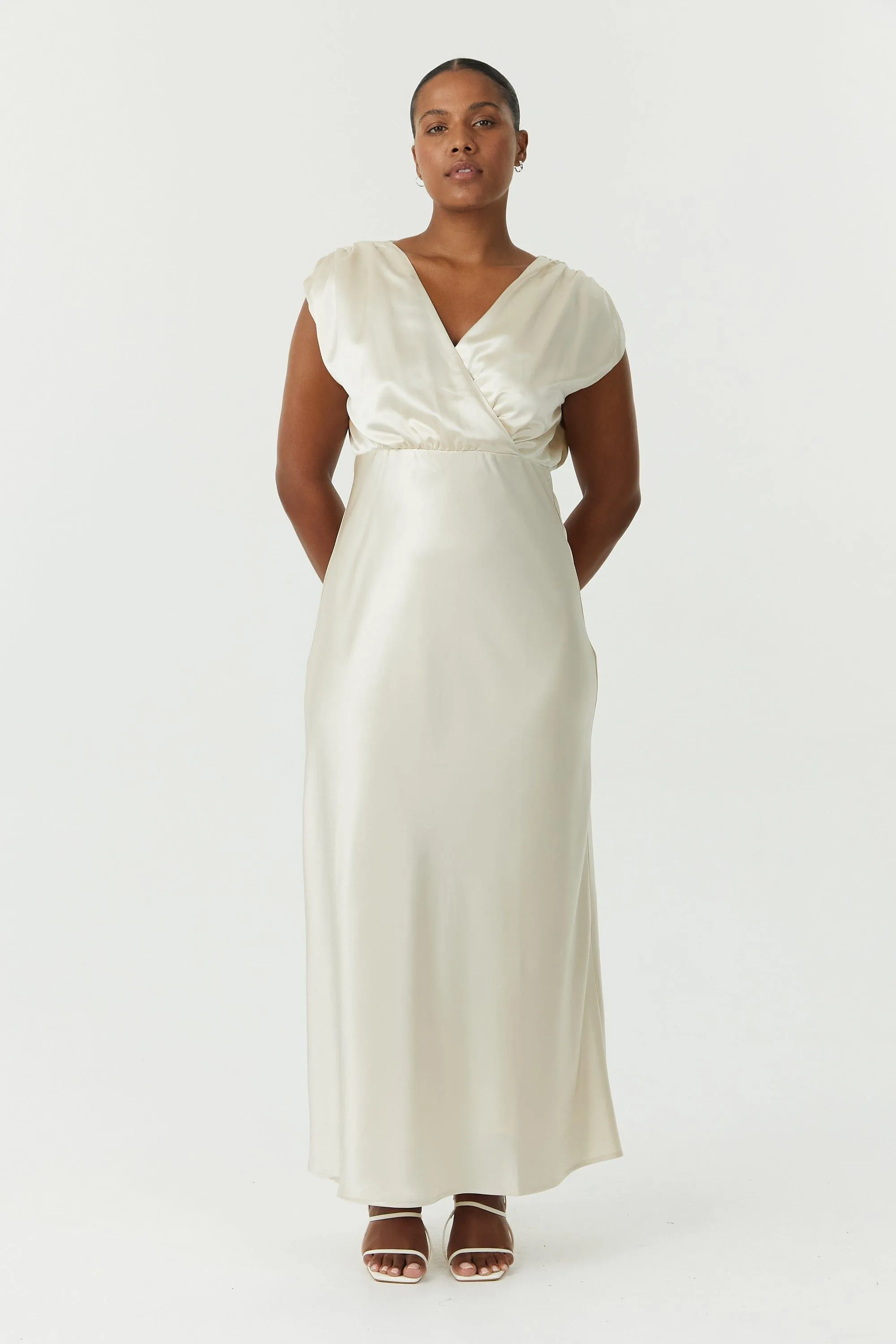 SATIN CROSS OVER GATHER DRESS | BUTTERCREAM