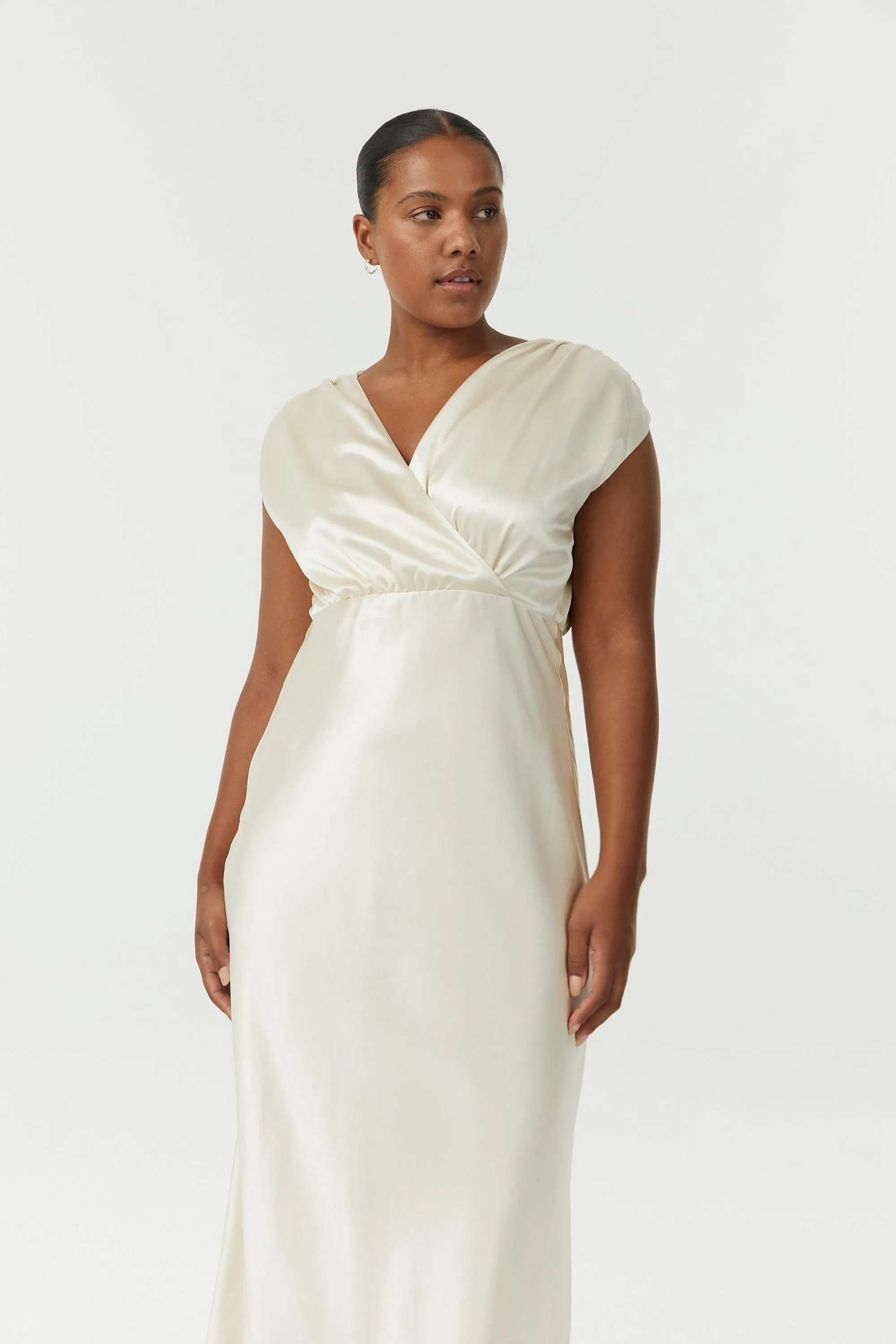 SATIN CROSS OVER GATHER DRESS | BUTTERCREAM