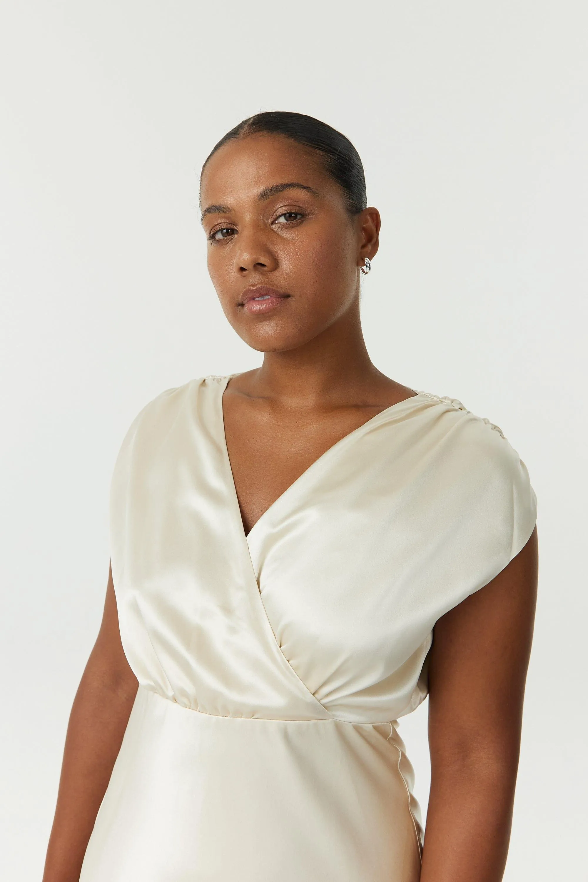 SATIN CROSS OVER GATHER DRESS | BUTTERCREAM