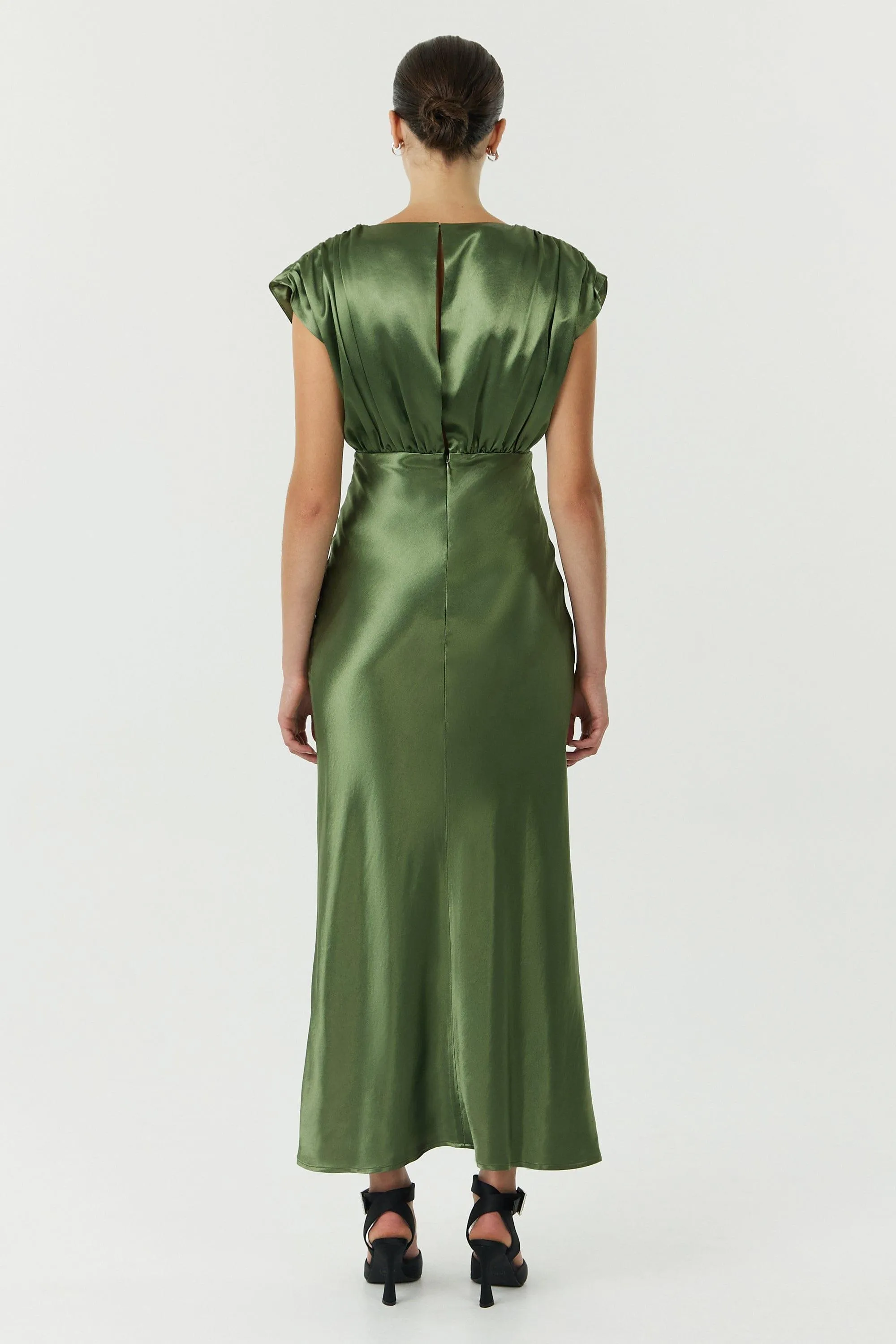 SATIN CROSS OVER GATHER DRESS | OLIVE