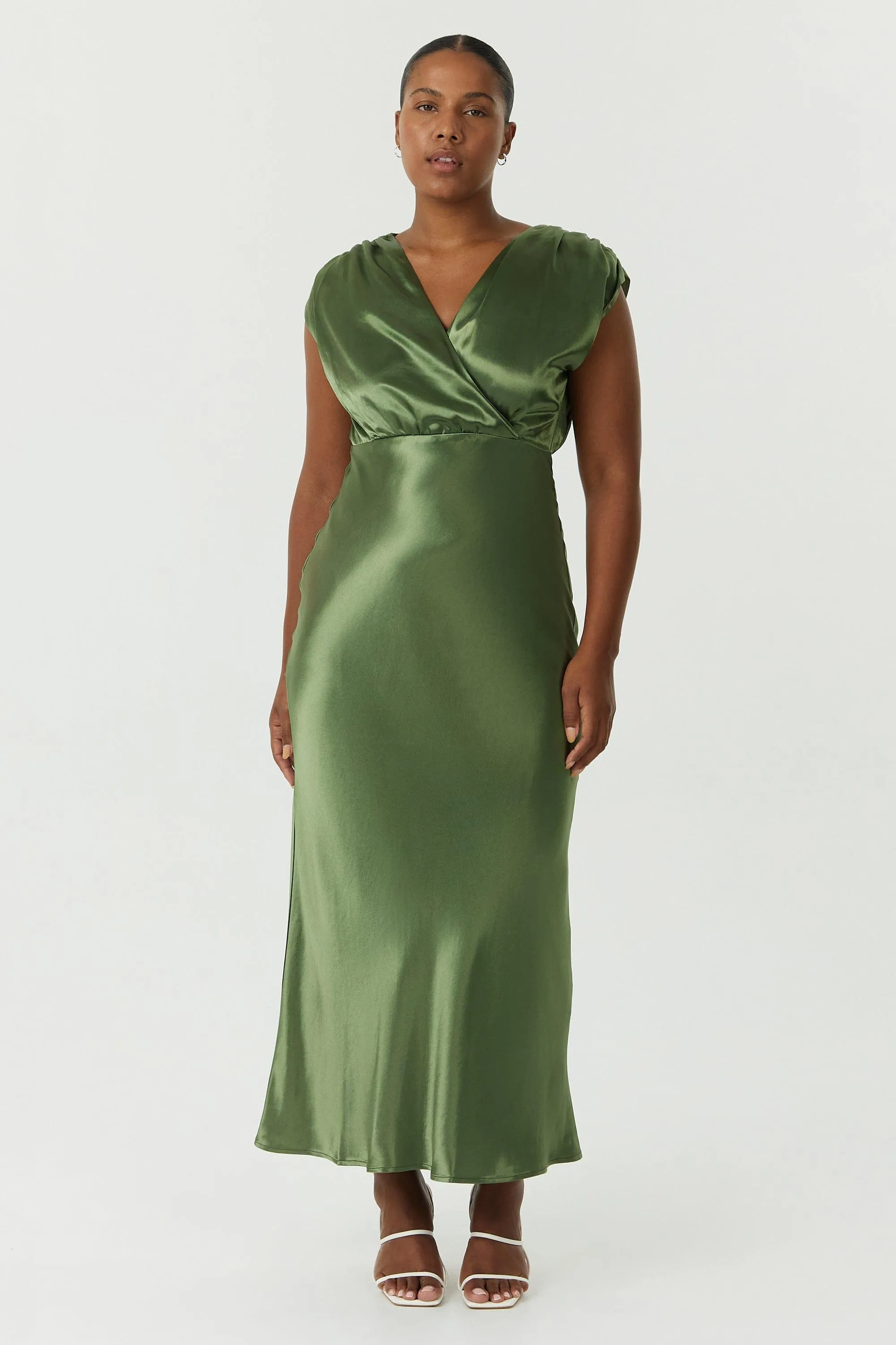 SATIN CROSS OVER GATHER DRESS | OLIVE