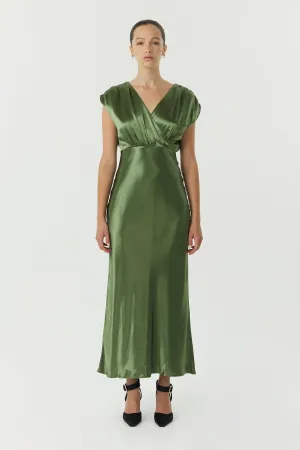 SATIN CROSS OVER GATHER DRESS | OLIVE