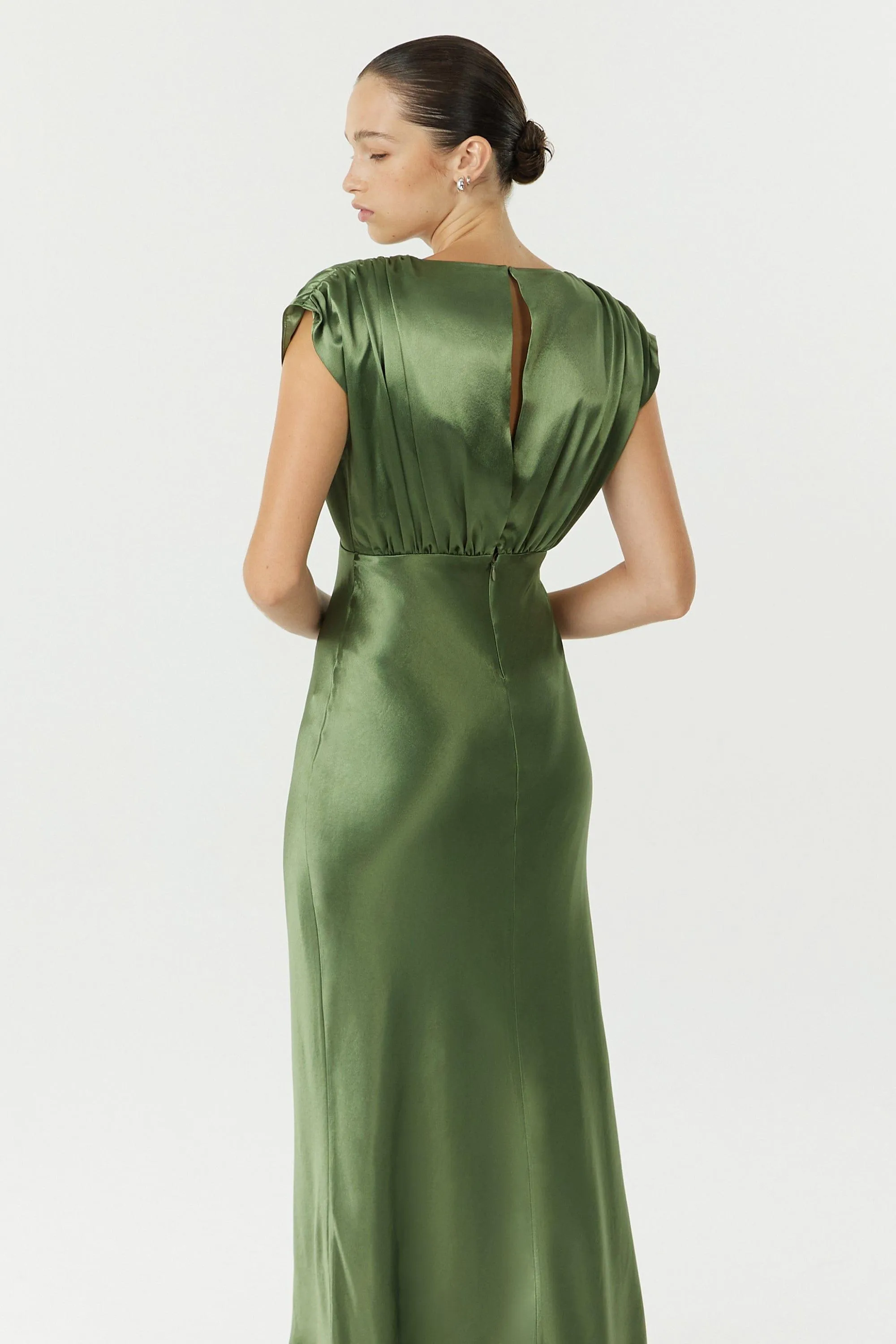 SATIN CROSS OVER GATHER DRESS | OLIVE