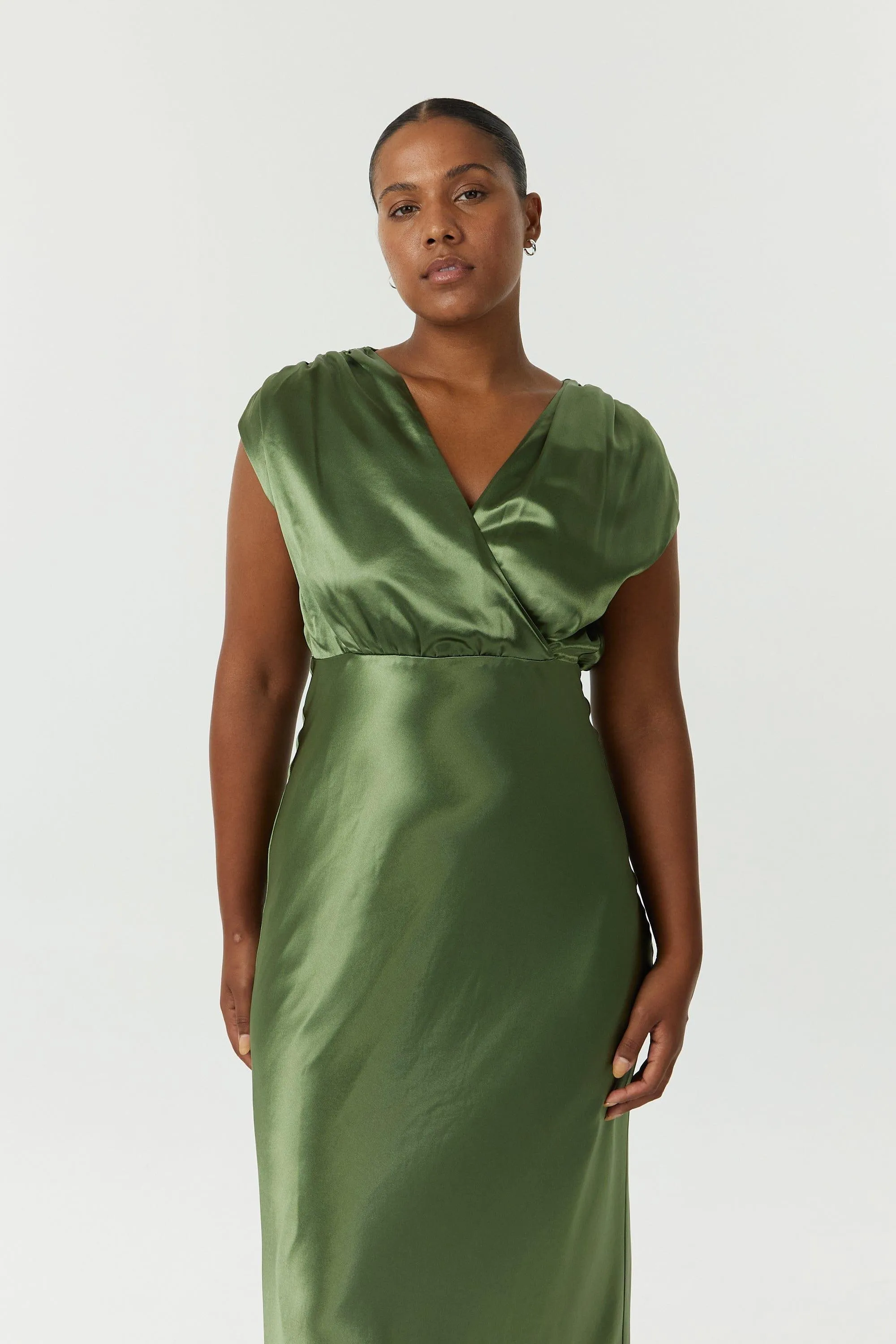 SATIN CROSS OVER GATHER DRESS | OLIVE