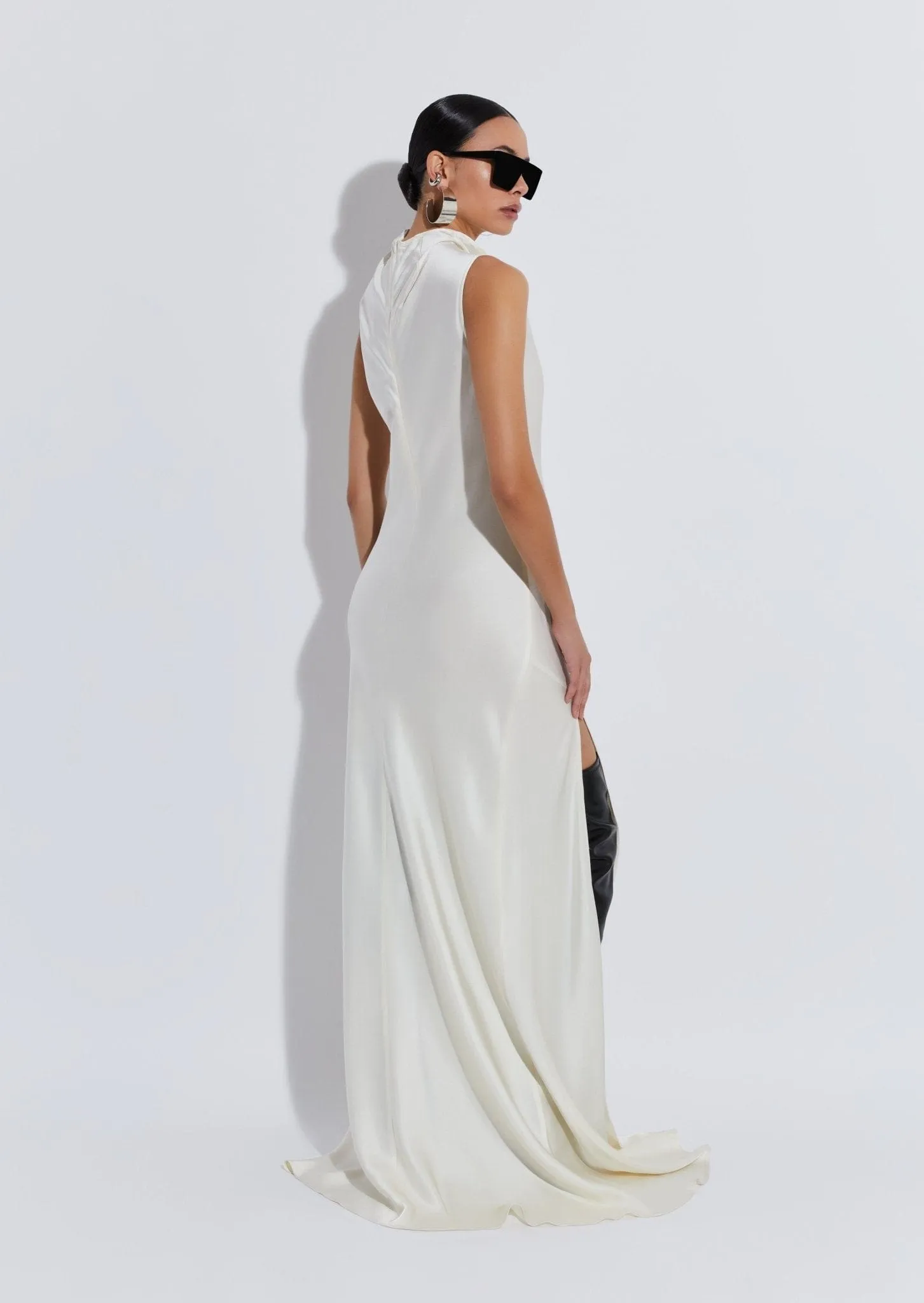 Satin Drape Neck Sleeveless Gown