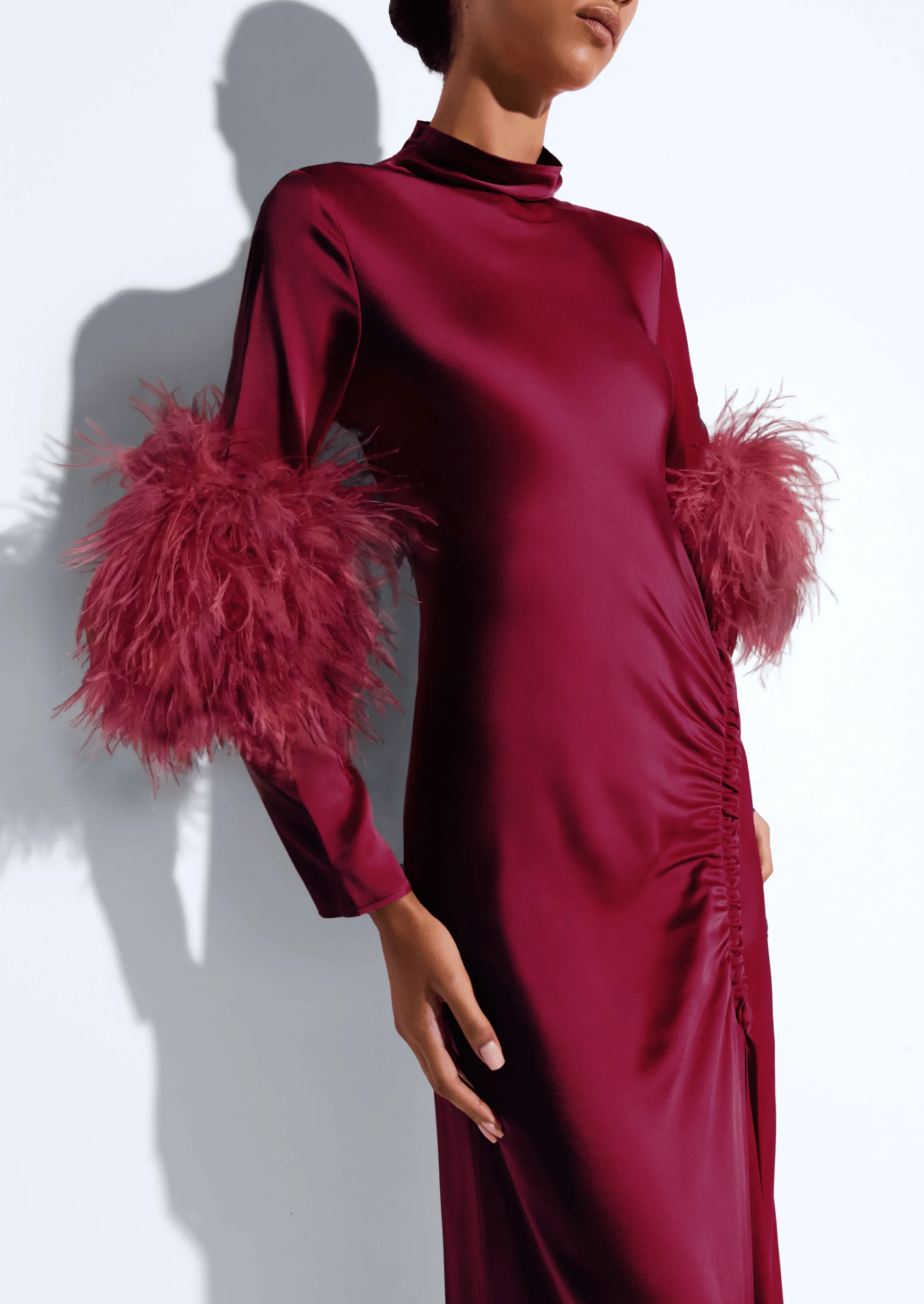 Satin Tab Gown With Feathers