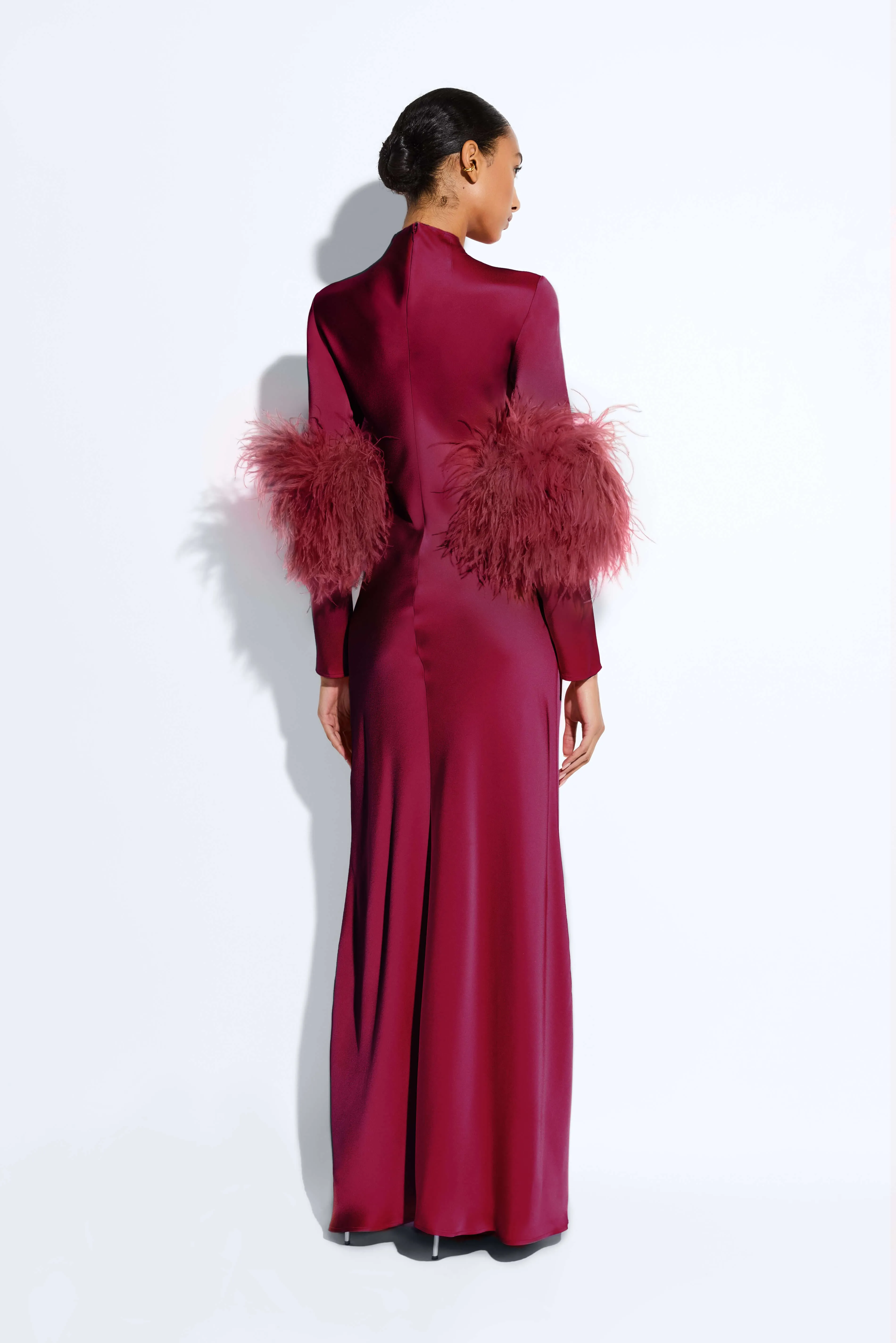 Satin Tab Gown With Feathers