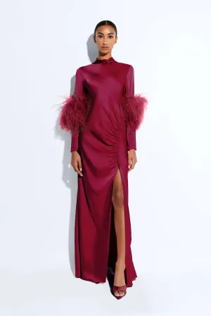 Satin Tab Gown With Feathers