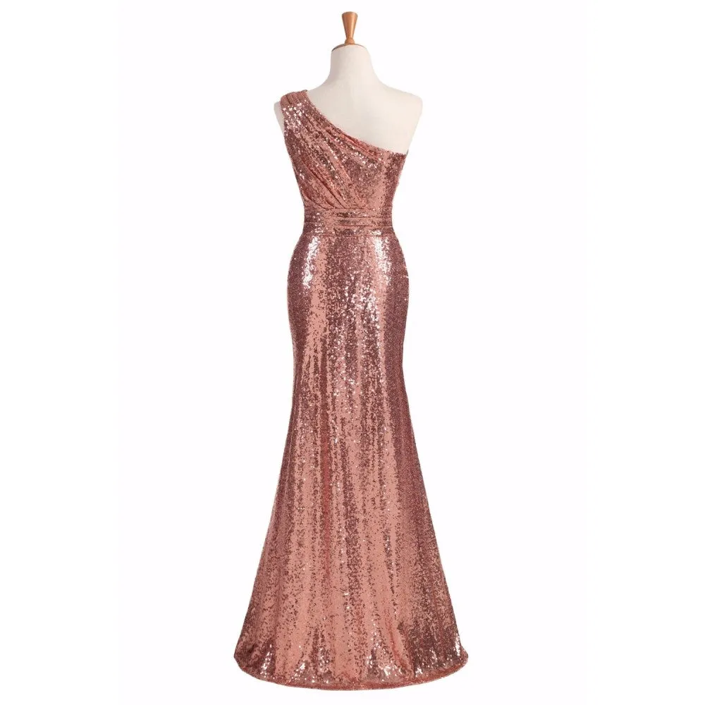 sd-hk Women Sequin Prom Dress Single Shoulder Evening Party Gowns