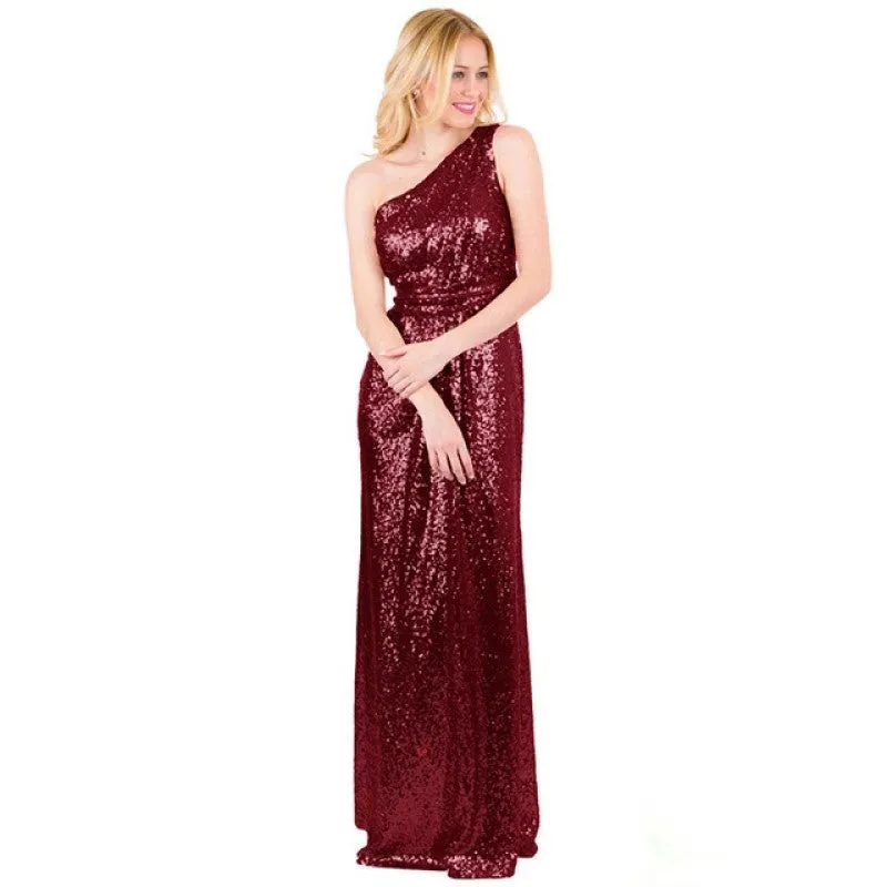 sd-hk Women Sequin Prom Dress Single Shoulder Evening Party Gowns