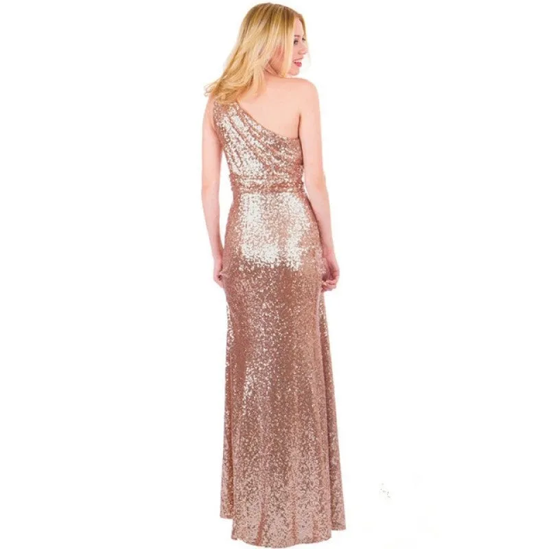 sd-hk Women Sequin Prom Dress Single Shoulder Evening Party Gowns