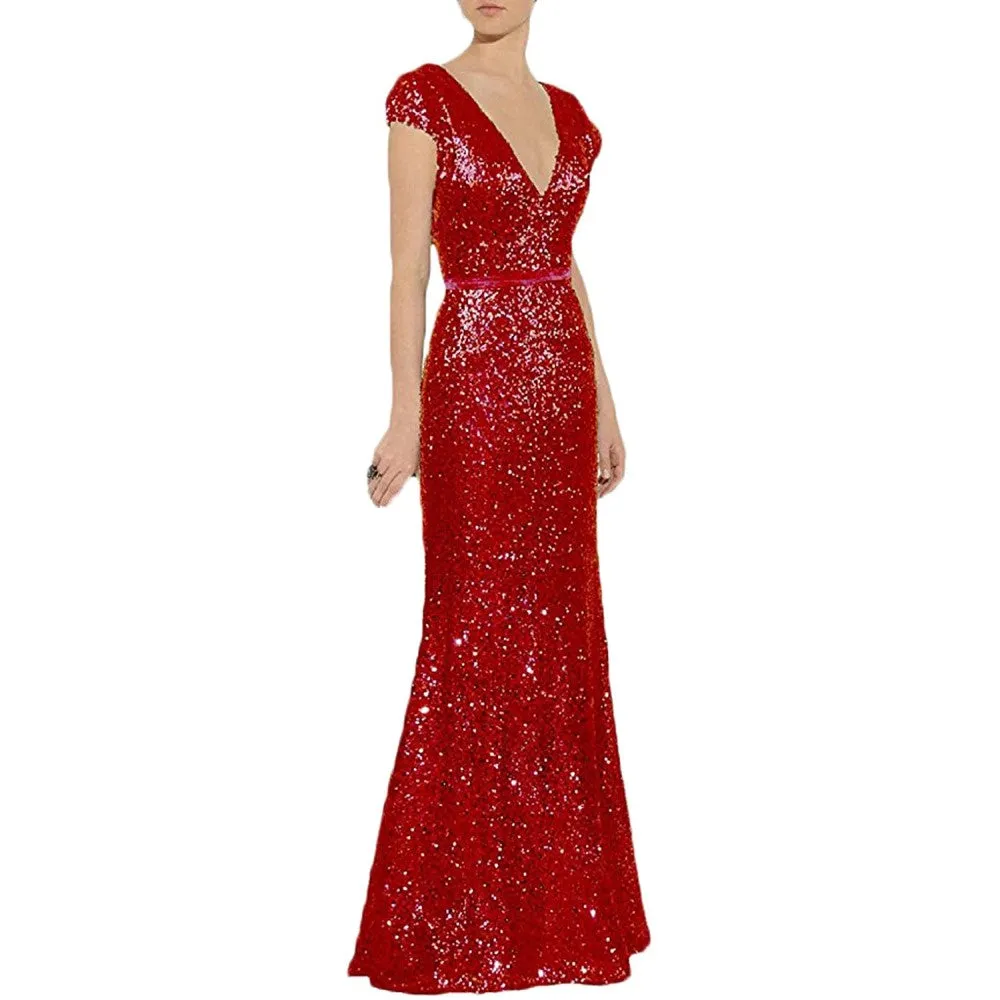 sd-hk Women's Off Shoulder Sequins Evening Dress Long Mermaid Side Slit Formal Dresses