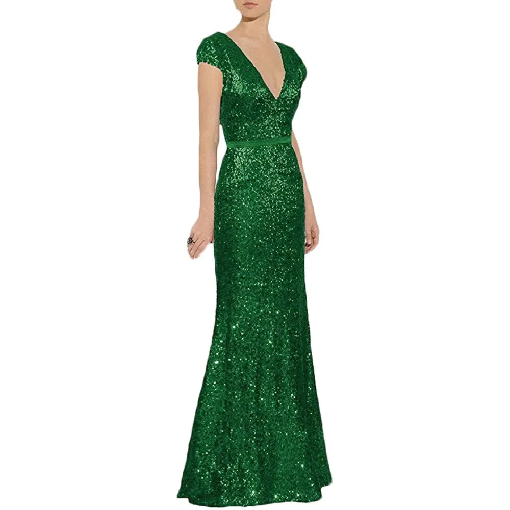 sd-hk Women's Off Shoulder Sequins Evening Dress Long Mermaid Side Slit Formal Dresses