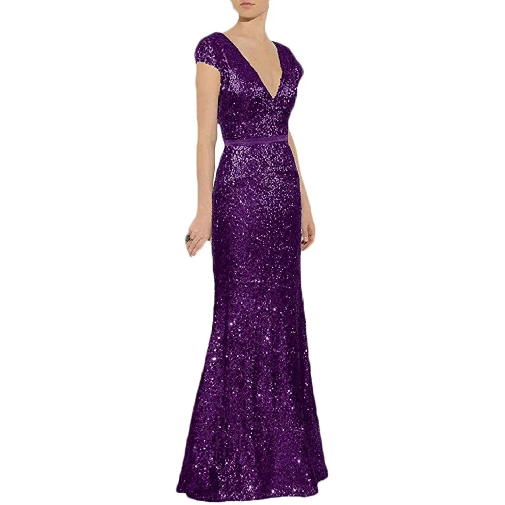 sd-hk Women's Off Shoulder Sequins Evening Dress Long Mermaid Side Slit Formal Dresses