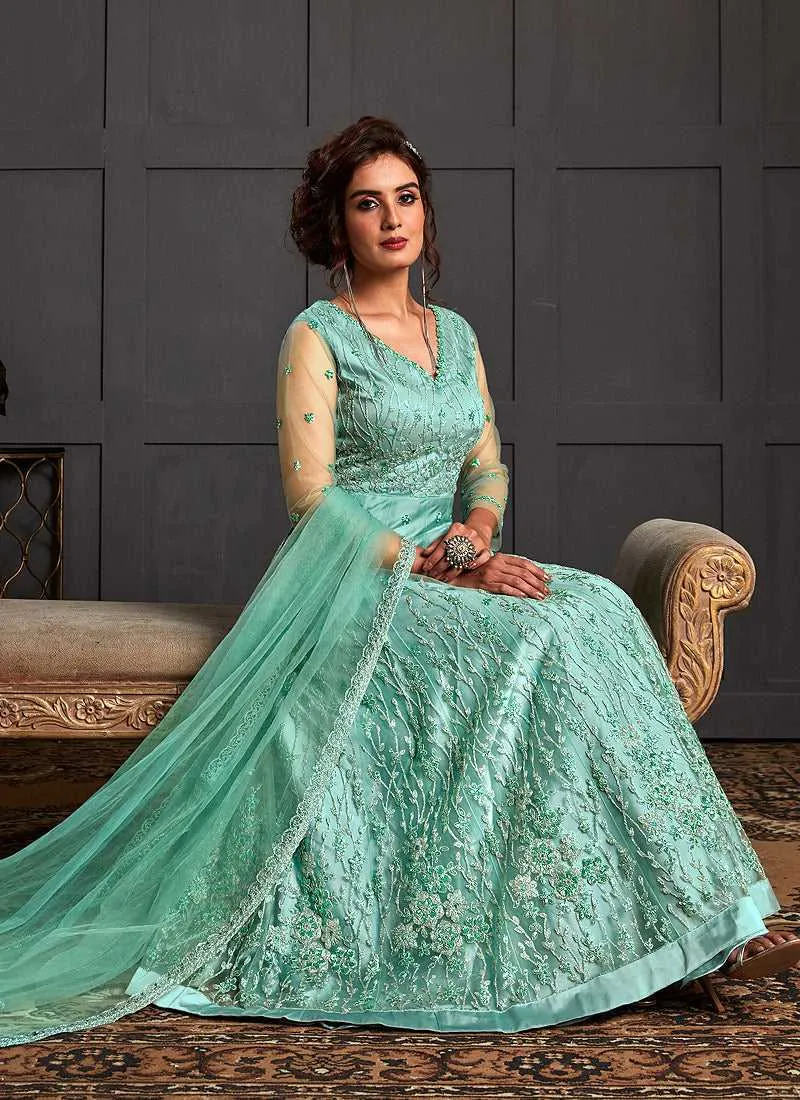 Sea Green Heavy Embroidered Gown Style Anarkali Suit