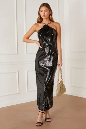 Sequin Halter Rosette Maxi Dress