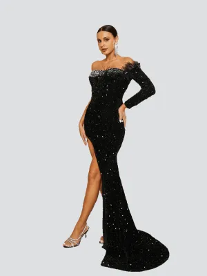 Sexy Black Feather Sequin Formal Dress RJ10401