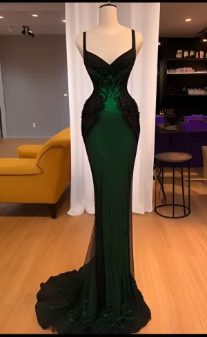 Sexy Mermaid Sequin Long Dark Green Lace Prom Dress Formal Dress       fg5117