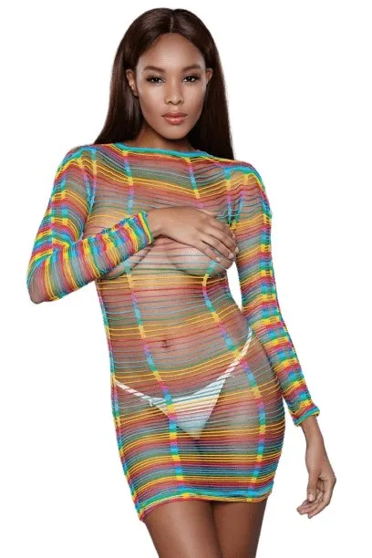 Sexy Rainbow Fishnet Burned Desire Mini Dress