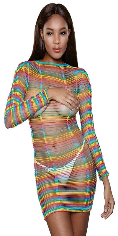 Sexy Rainbow Fishnet Burned Desire Mini Dress