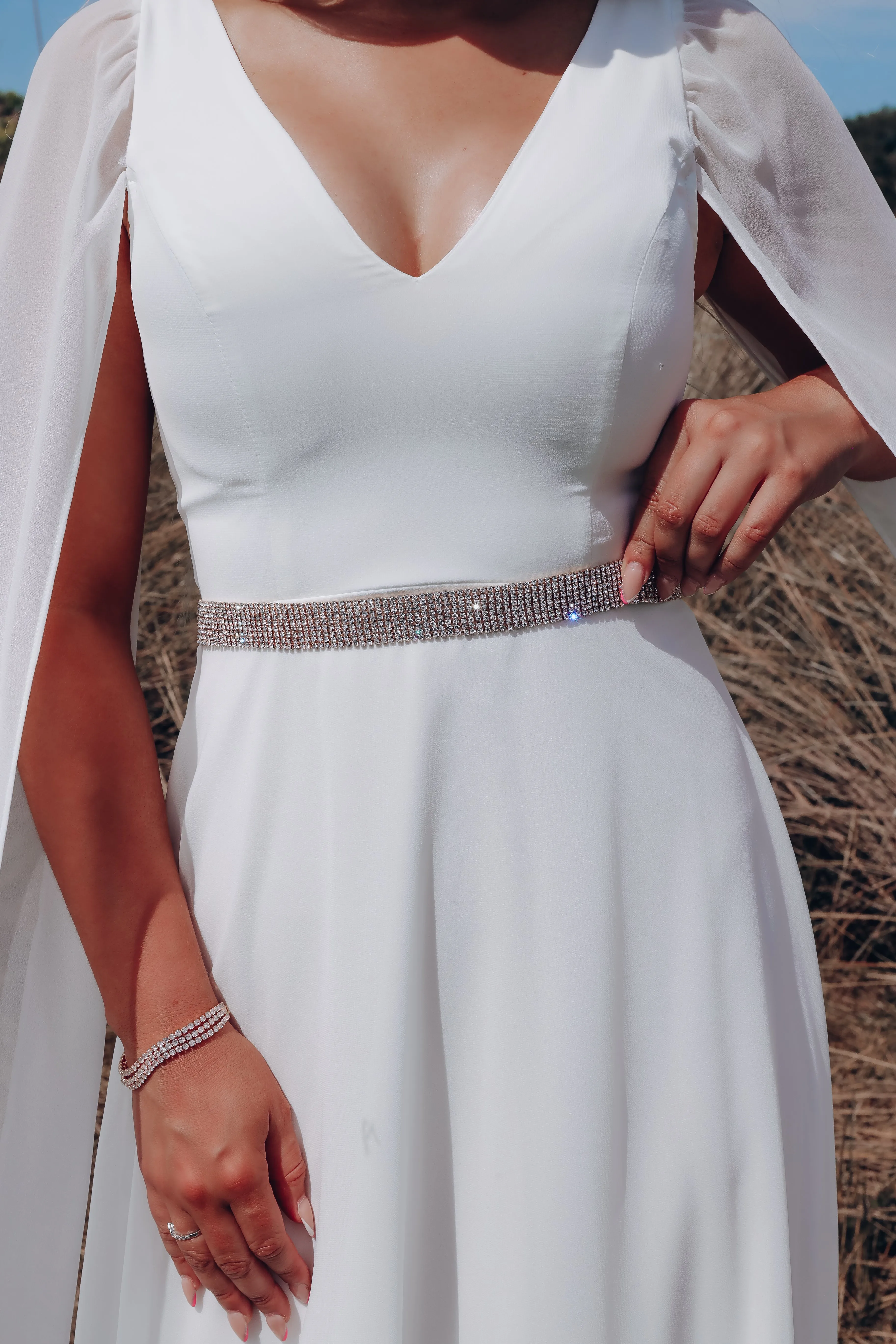 Shimmering Love Rhinestone Satin Tie Bridal Belt- Gold