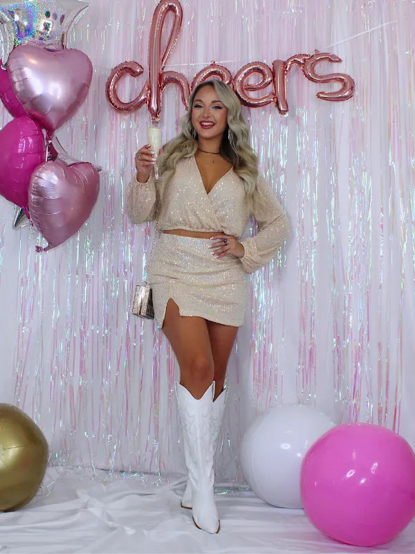 Shine All Night Sequin Two Piece Skirt Set, Cream