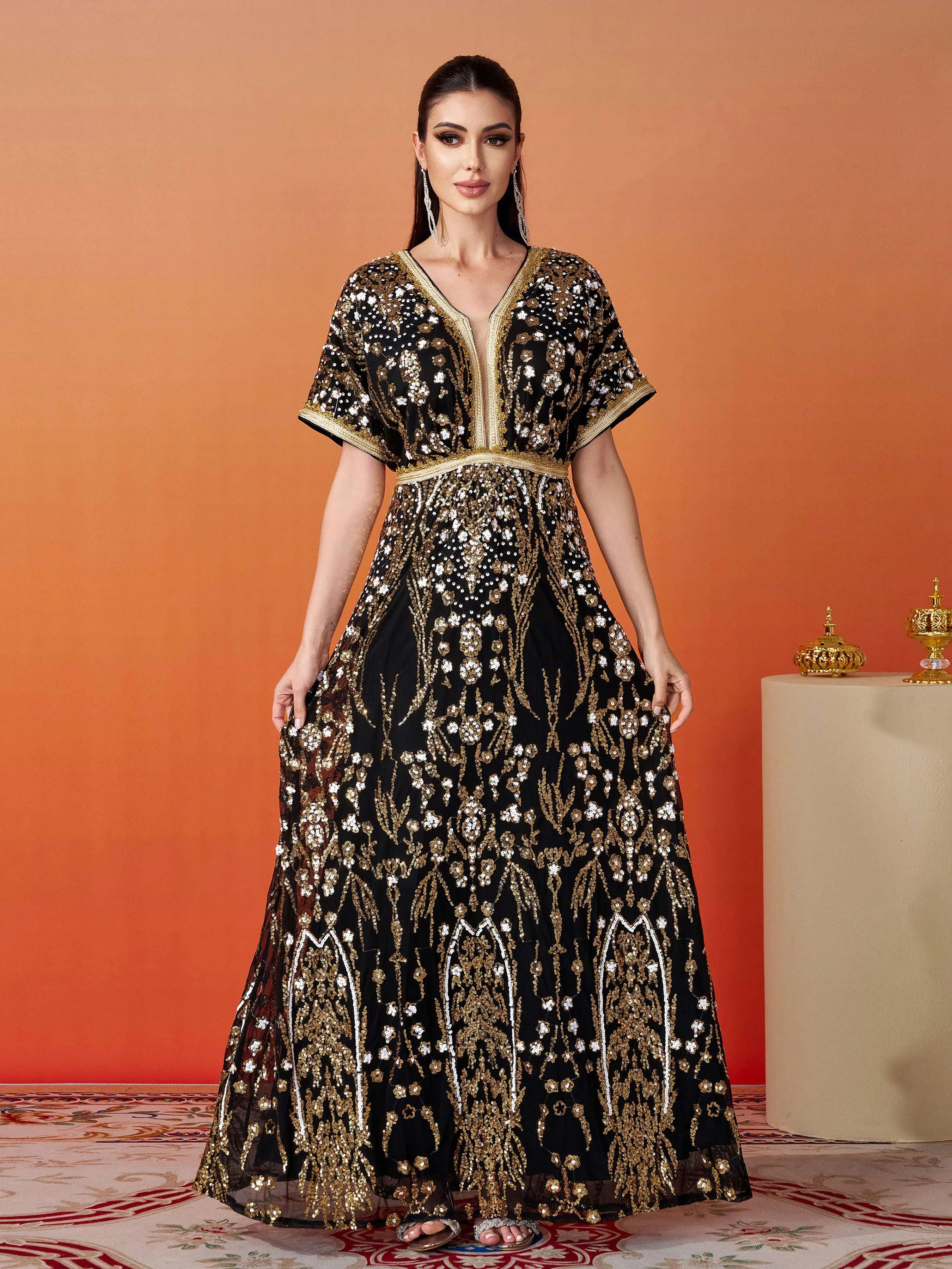 Short Sleeve A-Line Sequin Maxi Dress MES00405