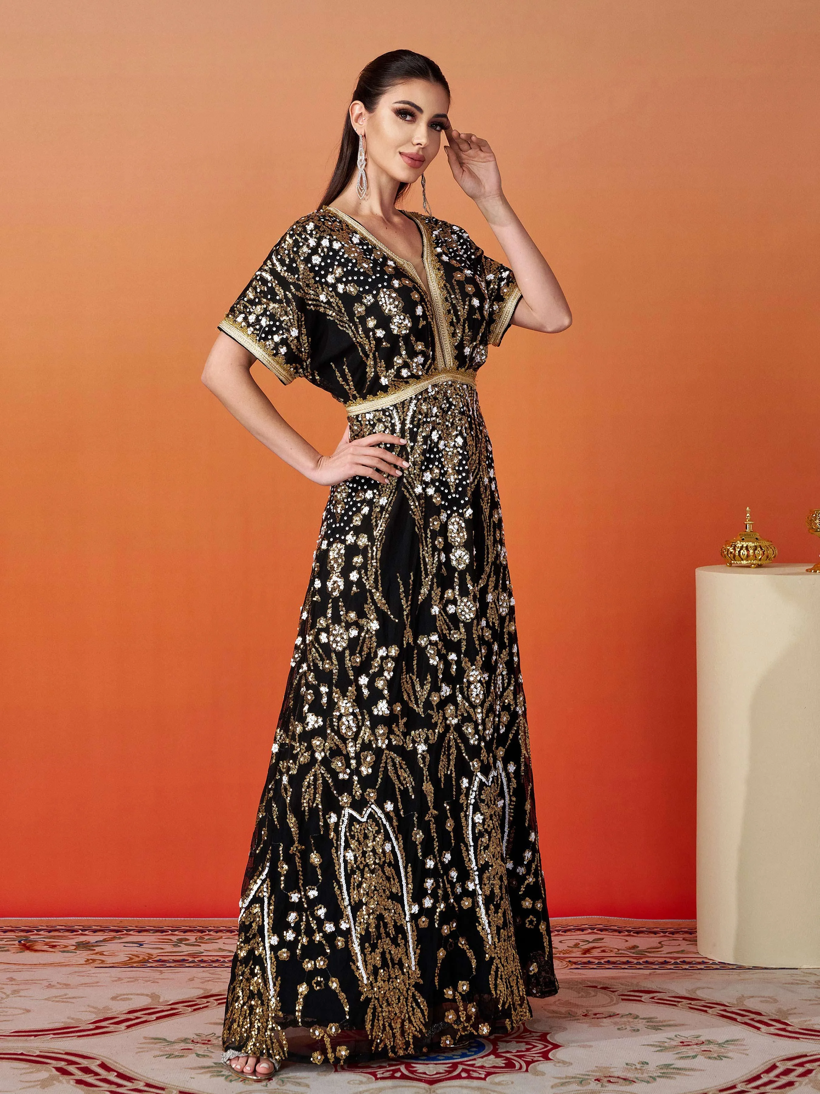 Short Sleeve A-Line Sequin Maxi Dress MES00405