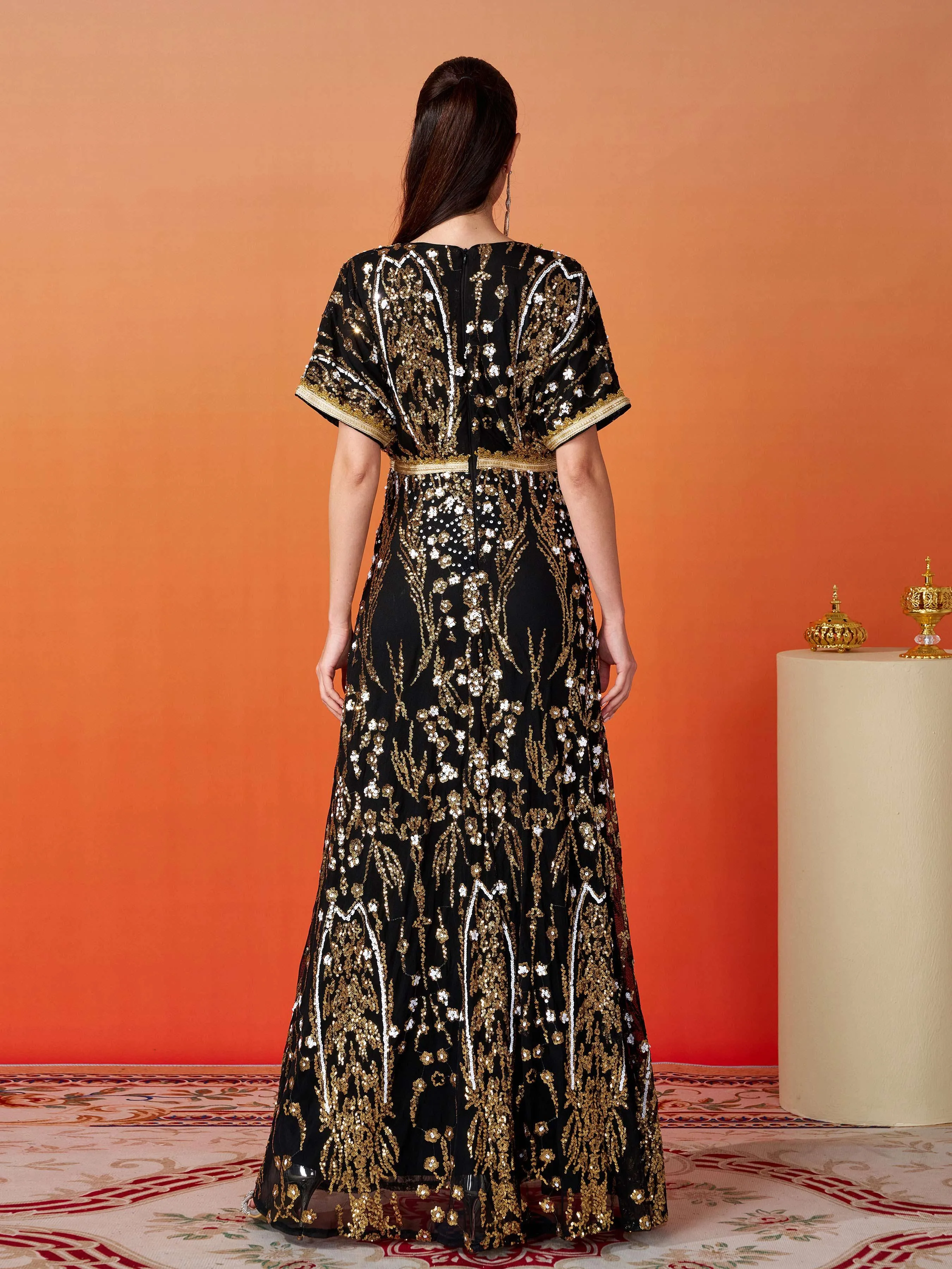 Short Sleeve A-Line Sequin Maxi Dress MES00405