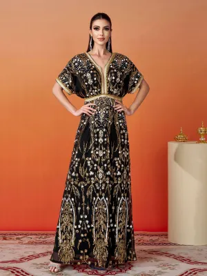Short Sleeve A-Line Sequin Maxi Dress MES00405
