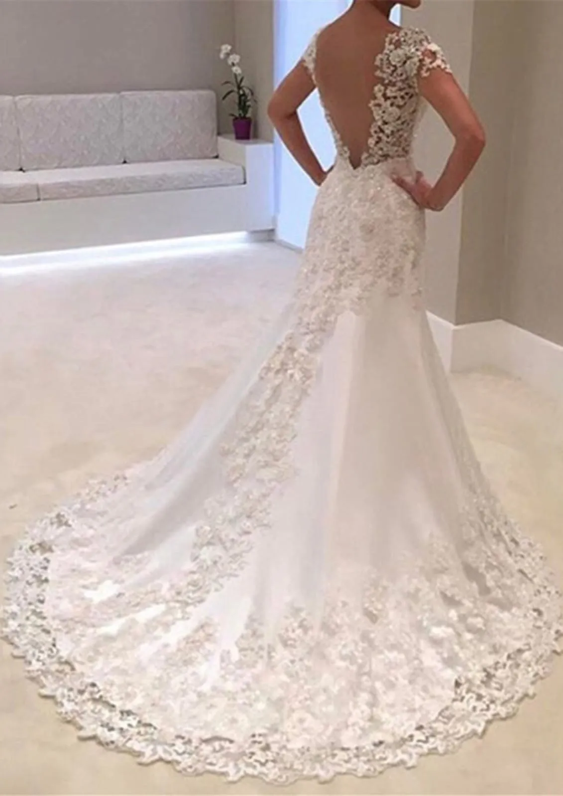 Short Sleeve V Neck Trumpet Beaded Lace Satin Open Back Wedding Dress