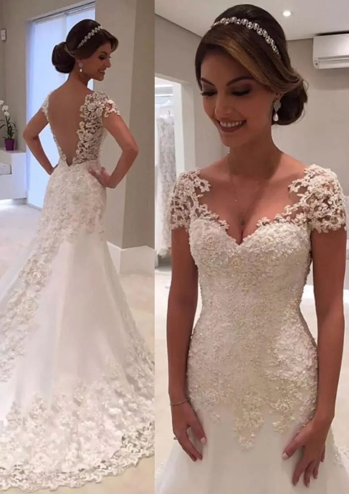 Short Sleeve V Neck Trumpet Beaded Lace Satin Open Back Wedding Dress